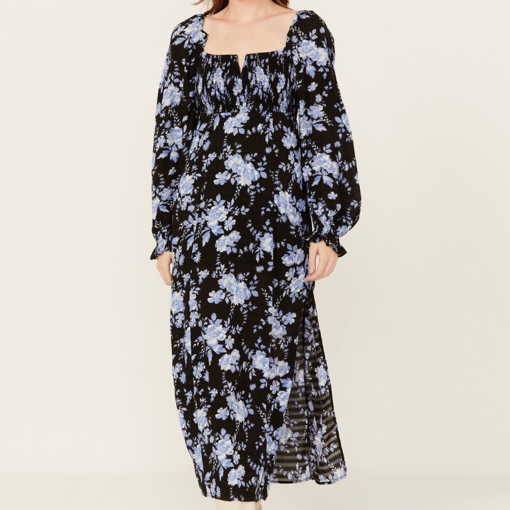 Free People Black Floral Midi Dress with Blue Flowers